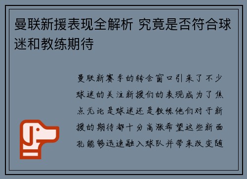 曼联新援表现全解析 究竟是否符合球迷和教练期待 曼联新援表现全解析 究竟是否符合球迷和教练期待