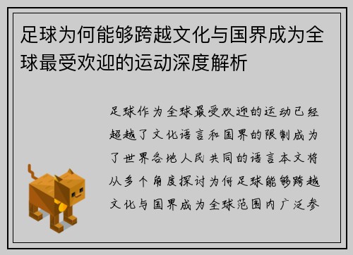 足球为何能够跨越文化与国界成为全球最受欢迎的运动深度解析